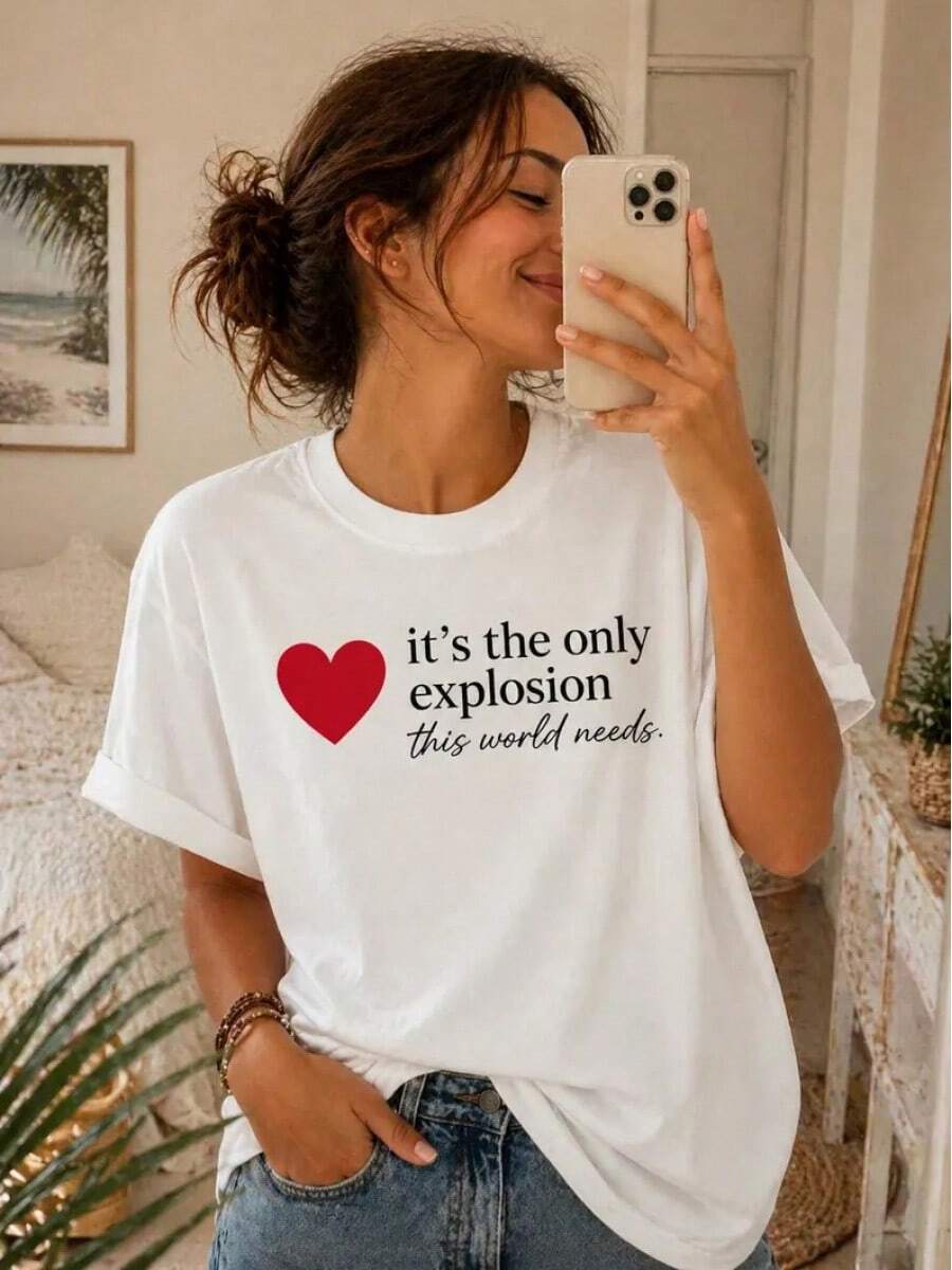 T-Shirt With Love Quote And Red Heart, Aesthetic Graphic T-Shirt, Cute Summer T-Shirt, Gift For Her, Minimalist T-Shirt With Positive Message - 白色 - 查看 1