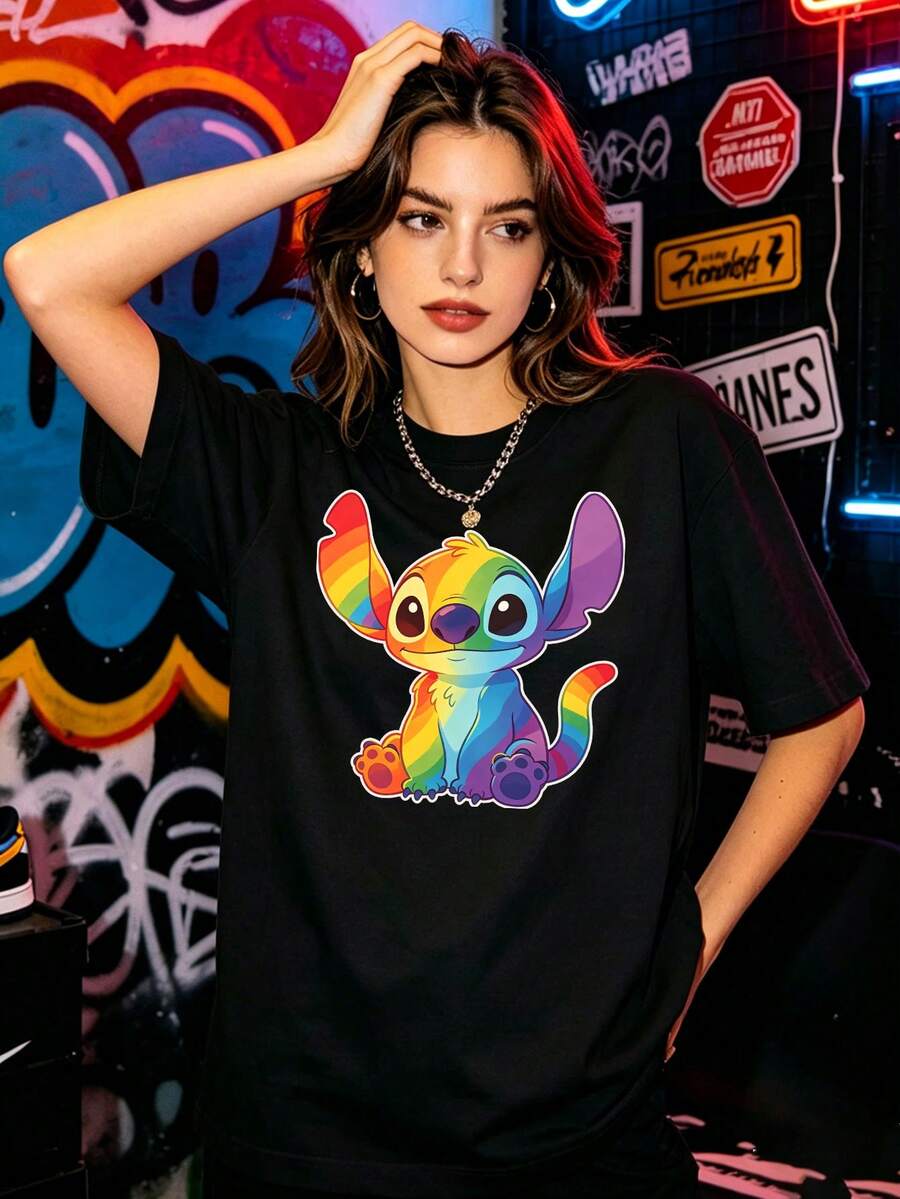 Disney Pride Moon Top Flow Pattern Short Sleeve T-Shirt With Stitch Rainbow Elements, Dedicated To Love, Fashionable Small Round Neck Pullover Cotton T-Shirt Versatile To Wear - 黑色 - 查看 1
