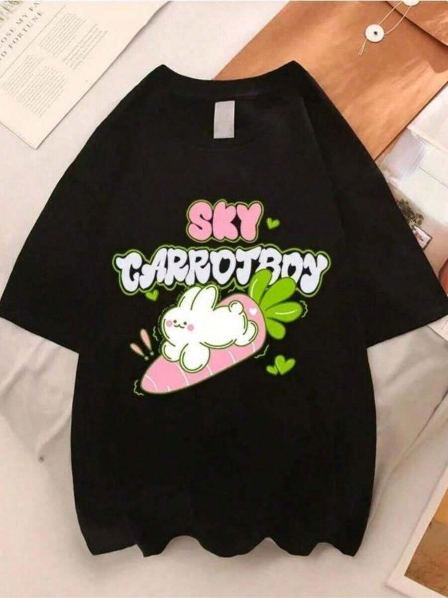 Simple And Versatile Design Rock Puppy Couple Clothing Kawaii Rabbit Women's T-Shirt Fashion Blouse Y2k Urban Clothing Harajuku Cat Print Tops Women's Clothing Cotton T-Shirt - 黑色 - 查看 1