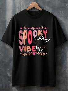 1 Men's Black Thick Fabric T-Shirt For Halloween | "Spooky & SPOOKY VIBE" Print, Short Sleeve, Round Neck, Casual Street Wear For Parties, "Trick-Or-Treat", Day Of The Dead, Bold Fashion, Unisex, Soft, Quick Dry, Machine Washable. - 黑色 - 查看 8