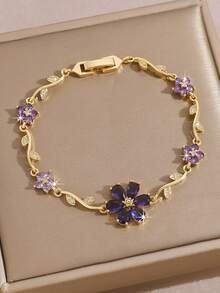 1pc High Quality Shiny Zirconia Tennis Bracelet, Electroplated , Unique Floral & Leaf Design In Pink, Green, Purple, Colorful Cubic Zirconia, Fashionable Daily/Festival Gold Accessory, Bridal Jewelry, Bridesmaid Gift, Mother's Day Gift, Valentine's Day Christmas Gift, Summer Accessory - Gold - View 5
