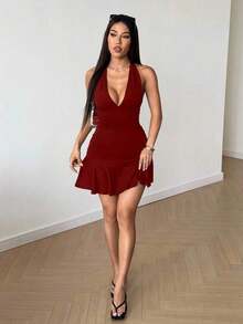Vestido mini negro sexy con cuello de halter, estilo informal de playa y vacaciones, primavera/verano - Burdeos - Ver 6