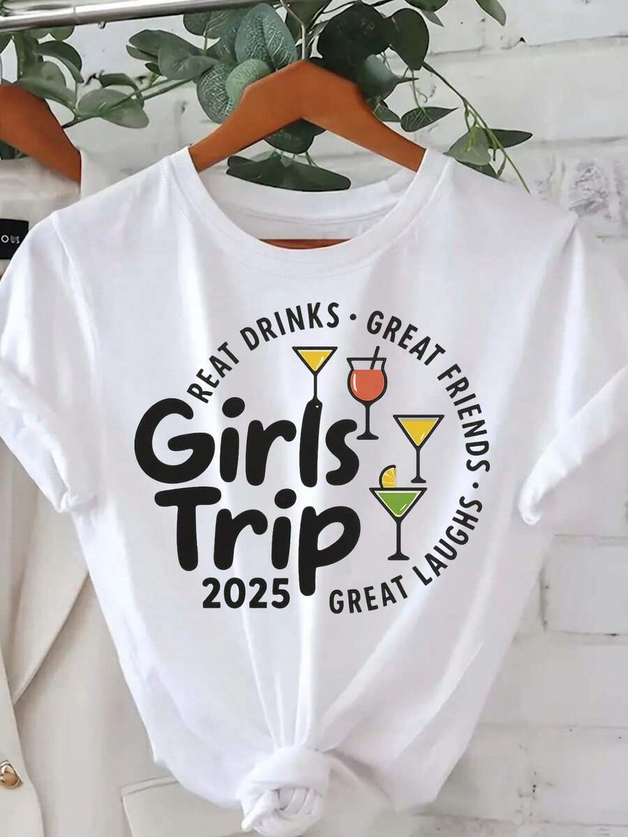 Women's Casual Short-Sleeved T-Shirt, 'Great Friends Trip 2025', Slogan 'Great Drinks, Great Friends, Great Laughter', Round Neck, Regular Length, Women's T-Shirt For All Seasons. - 白色 - 查看 1