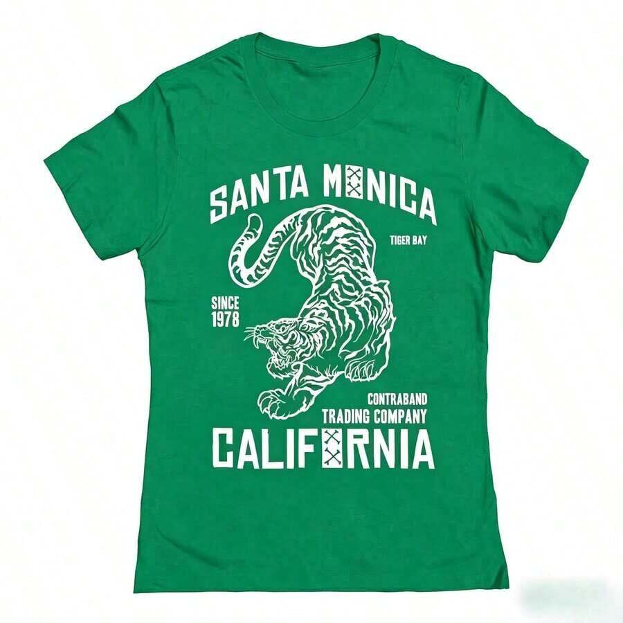 Women's Loose-Fitting Pure Cotton Santa Monica Tiger Print T-Shirt - Unisex Urban Vintage Style, Short Sleeve, Round Neck. - 綠色 - 查看 1