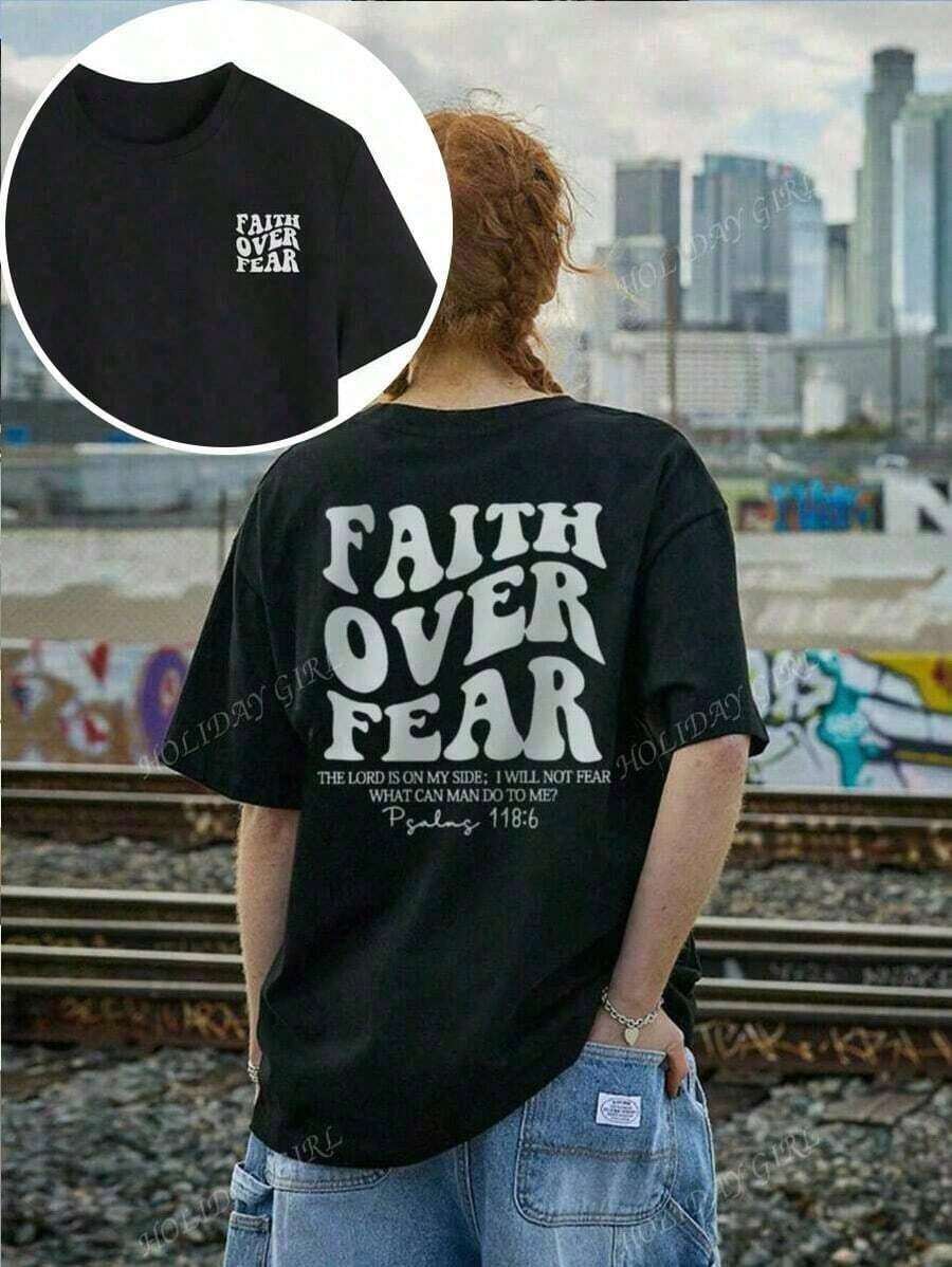 "Faith Over Fear" Double Print T-Shirt - Short-Sleeve Crew Neck Pure Cotton T-Shirt, Holiday Style, A Daily Essential. Holiday Outfits, Simple Retro Street Style Top. Everyday Campus Wear For Men And Women - Comfortable Loose Fit Cotton Vintage Street Style T-Shirt - 黑色 - 查看 1