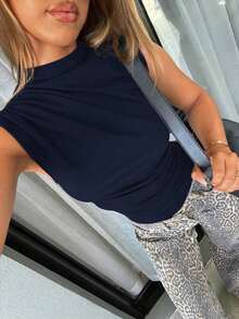 Body sin mangas para mujer con cuello alto y pliegues casuales de verano - Azul marino - Ver 2