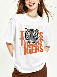 Camiseta de manga corta con cuello redondo suave y casual para mujer de verano | Estilo Americano Simple, TIGRES | Tops para salir, Estilo callejero europeo y americano, Casual deportivo, Estilo unisex, Estilo casual urbano, Tops bonitos, Generación Z, Curvas, Ropa Y2K, Camisetas divertidas, Tops de mujer, Conjuntos de vacaciones para mujer, Top lindo, Camiseta gráfica, Conjuntos de primavera, Camisetas holgadas, Ropa urbana retro, Estilo de los 90, Estilo de los 2000, Subcultura, Top negro, Tops blancos, Conjunto de fiesta de los 90. - Blanco - Ver 4