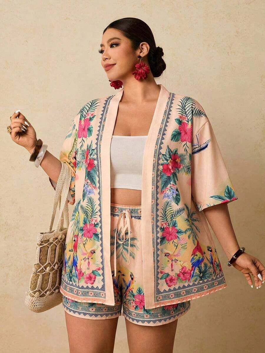 2 piezas Conjunto de talla grande Chaqueta de manga corta con estampado de leopardo, casual y de moda para uso diario - Rosa coral - Ver 1