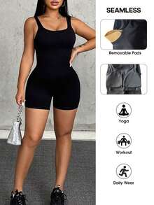 Mono elástico para mujer de moda simple y unicolor con ajuste ceñido - Negro - Ver 3