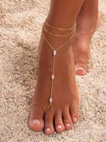 1pc Bohemian Beach Vacation Exquisite Sparkling Cubic Zirconia Multi-Layer Stacked Toe Chain Set, Metal Chain Rhinestone Copper Toe Ring Anklet, Niche Rhinestone Inlaid Women's Jewelry Suitable For Anniversary, Valentine's Day, Daily Wear, Party, Gift For Friends And Family - Gold - View 1