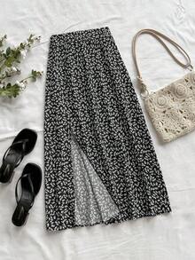 casual con estampado floral y dobladillo dividido para mujer - Blanco y Negro - Ver 9