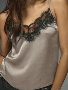 Top de satén con escote en V, tirantes finos, estilo elegante de camiseta, para primavera y verano - Gris - Ver 5