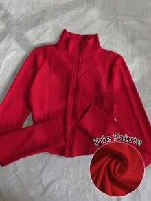 Chaqueta delgada de terciopelo negro para mujer, chaqueta de manga larga con cierre de cremallera de estilo casual y ajuste ceñido para el otoño - Rojo - Ver 8