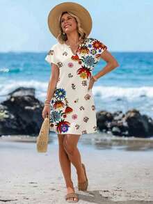 Vestido corto minimalista casual con cuello en V, adecuado para primavera/verano - Multicolor 10 - Ver 2