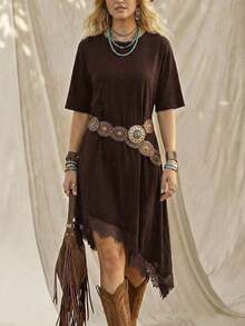 Vestido de talla media de manga corta con bajo asimétrico, de uso diario, de vacaciones y casual, de unicolor con parches de encaje, de moda básica para mujeres - Marrón - Ver 7