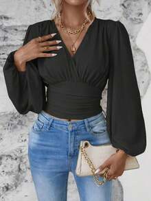 Blusa de Moda para Mujer, Color Sólido, Cuello en V Superpuesto, Manga Linterna, Plisada - Negro - Ver 9