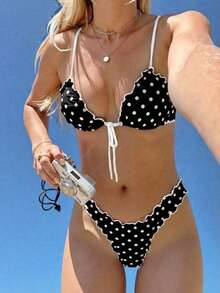 Conjunto de bikini de dos piezas con estampado de lunares, camiseta con lazo sexy y traje de baño para vacaciones en la playa para mujer - Blanco y Negro 2 - Ver 8