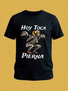 Women's "Leg Day" Fitness Style T-Shirt With Skull Print In Spanish "Hoy Toca Pierna", Short Sleeve Casual Top With Round Neck For Spring/Summer. - 黑色 - 查看 2