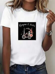 LigeroBonjours K. Paris Camiseta Francesa con Estampado de la Torre Eiffel y Flores para Mujer - Blusa de Manga Corta con Cuello Redondo - Top Compatible Ideal para Conjuntos de Verano, Picnics, Regalos, Ropa Casual, Lavable a Máquina - OutfitsVerano - Blanco - Ver 6