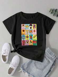 Women's Casual White Cotton T-Shirt, Loose Fit, Round Neck, Short Sleeves, Spring/Summer, Everyday Wear, With A Typical Mexican LOTERIA 2 Design. 100% Cotton - 黑色 - 查看 6