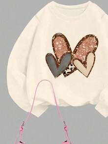 Tween Girl Cartoon Print Crew Neck Sweatshirt And Flare Pants - Apricot - View 5