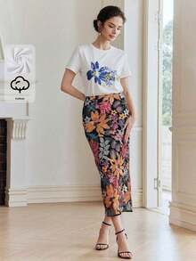 1 Piece Of Elegant Women's T-Shirt, 94% Cotton, Minimalist, Casual For Everyday Wear, Short Sleeve, Round Neck, Adorned With Sequin Embroidery, Black Color, 180g, 100% Cotton. - 白色 - 查看 9