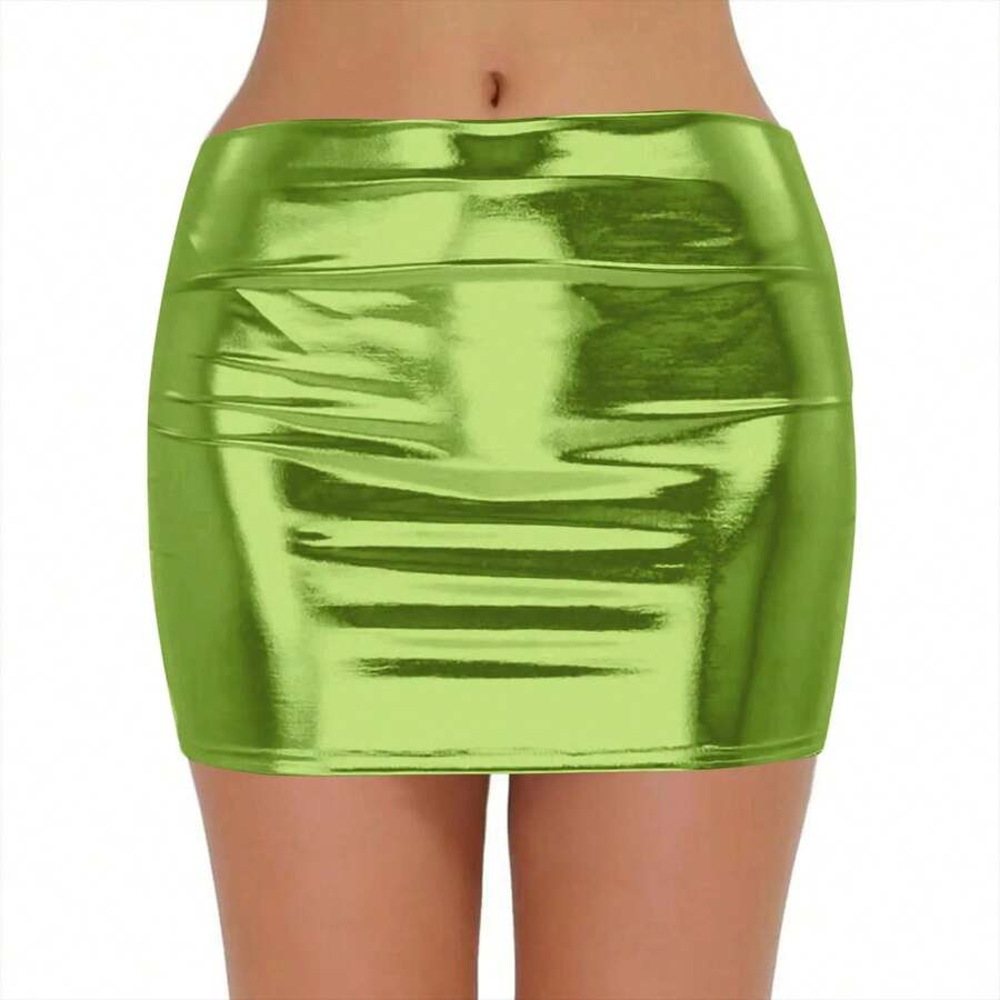 Faldas cortas sexis de cuero PU para Mujer, minifalda lisa de cintura alta para actuación de graduación en Club, brillo rojo dorado, Fladas brillantes para Mujer XXL - Verde claro - Ver 1