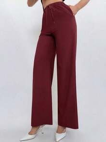 Conjunto de 2 piezas de top de cuello halter y pantalones en color café para mujer, estilo de uso diario - Burdeos - Ver 3