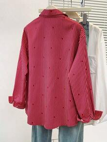 Blusa de mujer con cuello polo, estampado de corazones y rayas - Camisa casual de manga larga con botones, adecuada para uso diario en primavera, verano y otoño - Burdeos - Ver 9
