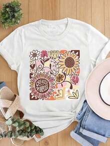 Women's Plus Size Summer Top With Crew Neck, Short Sleeves, Graphic Print Of Birds, Flowers And Blossoms In A Bohemian And Popular Style - 白色 2 - 查看 3