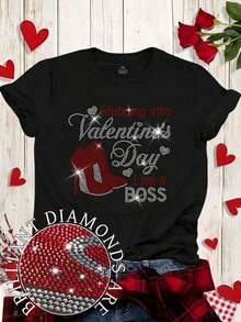 Women's Plus Size Casual Short Sleeve T-Shirt With Round Neck And Heart-Shaped Rhinestones For Valentine's Day - 5 - 查看 1