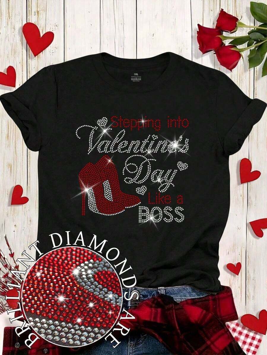 Women's Plus Size Casual Short Sleeve T-Shirt With Round Neck And Heart-Shaped Rhinestones For Valentine's Day - 5 - 查看 1