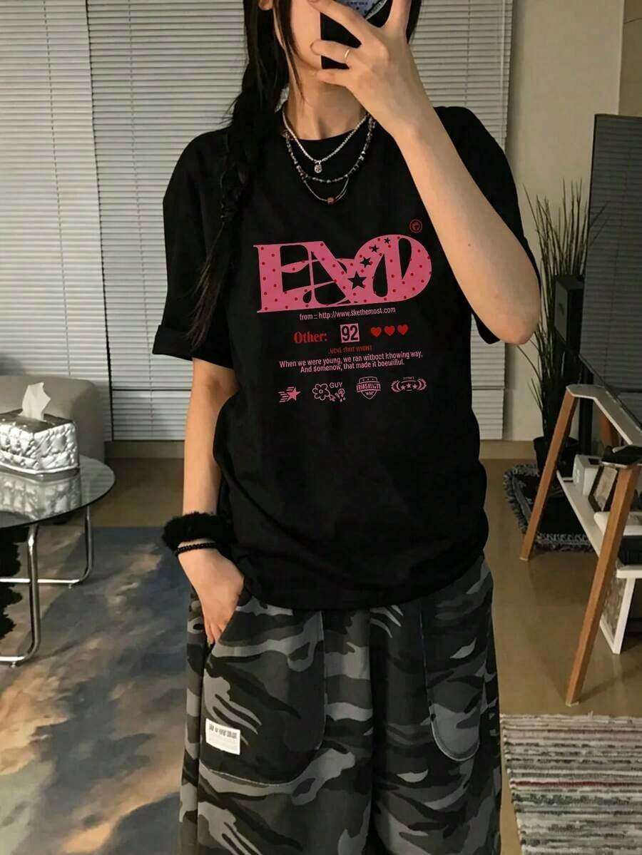 Women's Short-Sleeved T-Shirt, 100% Cotton. Loose, Versatile, And Fashionable Design. Weight: 200g. One-Piece Top. - 黑色 1 - 查看 1