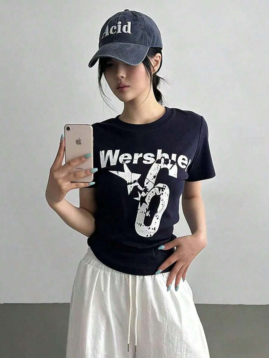Women's Short-Sleeved T-Shirt, Round Neck, Loose Fit For Summer - ネイビーブルー - 查看 1