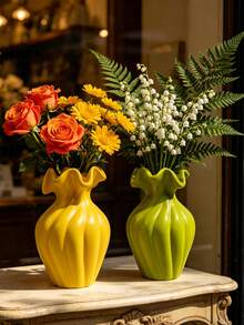 1Pc Wave Rim Vertical Ribbed Resin Vase - Light Luxury Ruffled Edge Flower Vase For Home & Desk Decor | Home Decor, Room Decor, Boho Decor, Desk Decor, Vintage Decor, Unique Gift, Table Centerpiece, Housewarming Gift - New Model - View 1