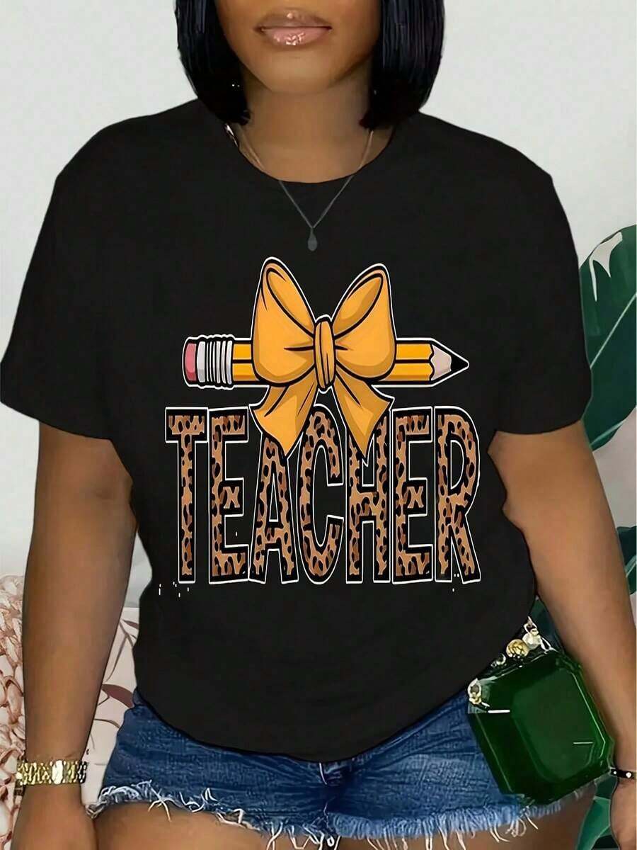 Women's Short-Sleeved T-Shirt, Soft And Breathable, 100% Cotton - Graphic Print With Teacher Theme, Casual Round Neck Top For Back To School Season, Versatile T-Shirt For Educators And Mothers, Teacher T-Shirt. - 黑色 - 查看 1