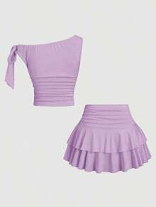 Conjunto de top de tirantes y minifalda plisada y con decoración de flores metálicas para mujer, ideal para el verano - Morado 2 - Ver 2