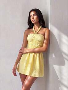 Vestido de verano con tirantes de espagueti con cuentas amarillas para mujer - Amarillo - Ver 7