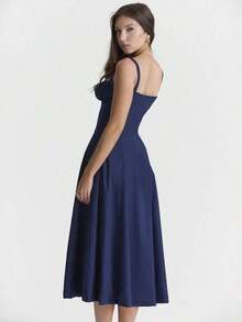 Mujeres Temperamento Moda Senior Sentido Francés Tirantes Suave Viento Vestidos Largo Dividido, Mujeres Temperamento Elegante Sexy Tirantes Vestido Elástico, conjuntos elegantes de mujer falda,Suave y Cómodo Tejido Agradable a la Piel, Adecuado para Banquetes, Asistir a Eventos, Hospedaje, Playas, Viajar Sesiones de Fotos, Fotografía de Calle, Trabajo y Uso Casual Diario. - Azul marino - Ver 3