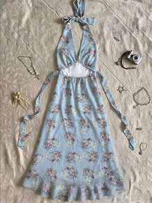 Vestido de verano con cuello halter y estampado floral diminuto para mujer - Celeste - Ver 2