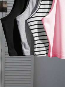 Conjunto de 4 piezas para mujer: Camiseta sin mangas a rayas en blanco y negro, cereza casual para vacaciones, versátil y sexy para el verano y el regreso a la escuela - Multicolor 5 - Ver 6
