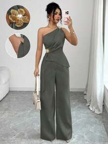 Conjunto de 2 piezas  para mujer: top sin mangas con hombros asimétricos y falda. - Verde Oscuro - Ver 9