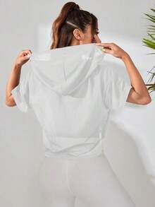 Sudadera deportiva con capucha, holgada, con hombro caído, manga corta y perspectiva suelta de unicolor para mujeres - Blanco - Ver 2