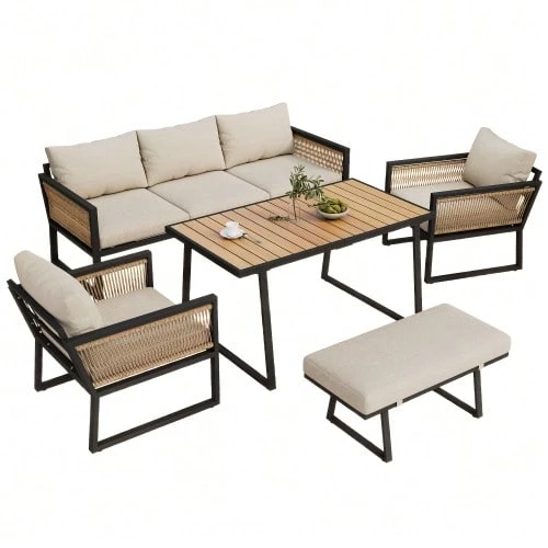 Garden Dining Set, Garden Lounger Set, 5-Piece Garden Furniture Set, 3-Seater Sofa, 2 Armchairs, Stool And Dining Table, Plastic Wood Tabletop, Braided Rope Armrests, Galvanized Steel, Beige - 米色 - 查看 1