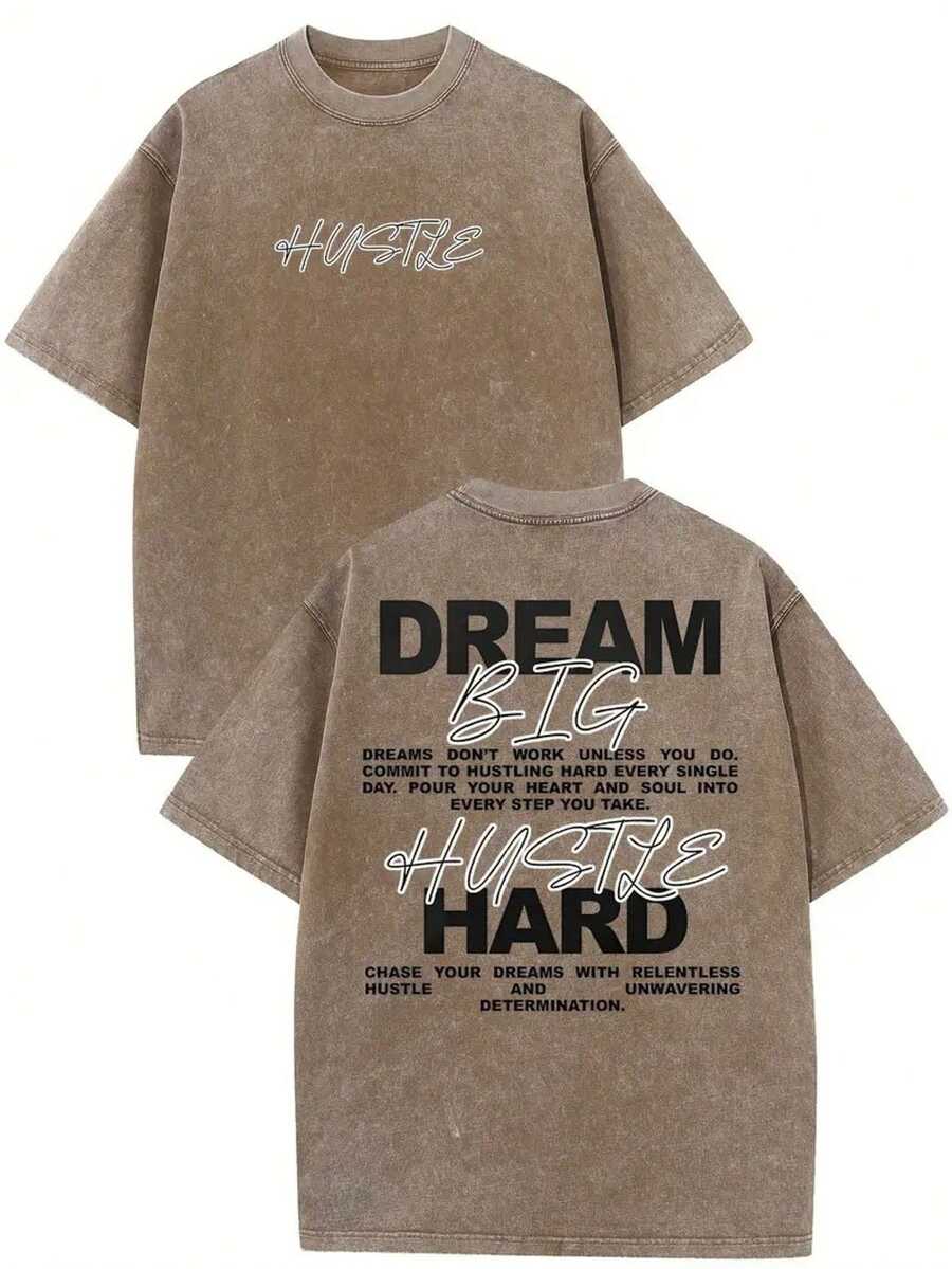 Unisex Vintage-Style Double-Wash T-Shirts With "Dream Big Work Hard" Print, Regular Fit, Casual Top For All Seasons, Machine Washable, Suitable As A Holiday Gift, Comfortable Crew Neck T-Shirt, Durable Fabric, Women's T-Shirt, National Shipping - 咖啡色 - 查看 1