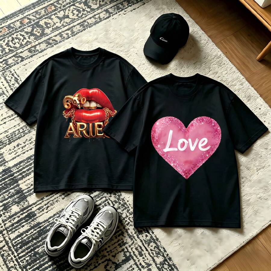 2-Piece Couple Matching Pattern T-Shirt, 100% Cotton, Loose Fit, Soft And Breathable, Casual Round Neck Short Sleeved Top Game Day Football Dog Mascot Versatile Patterns No Picky Combinations Coordinated Dating Casual Travel Simple And Cartoonish Printing Styles High Cost-Effectiveness Couple Lovers - 黑色 - 查看 1