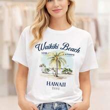 Women's Waikiki Beach Print Cotton T-Shirt, Plus Size M-5XL, Casual Short Sleeve T-Shirt, Vintage Style With Hawaiian Palm Tree Graphic, Relaxed Fit, Summer Beach Vacation Clothes, Soft And Comfortable Cotton Fabric, Plus Size Casual Basic T-Shirt For Women, Suitable For Spring, Summer And Autumn. - 白色 - 查看 7