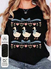 Camiseta Casual 1 pieza para mujer, estilo retro de los 80, de corte holgado, con estampado de pato coqueta, lazo y flores, de algodón suave, manga corta, estilo casual urbano para mujer, 180g - Camisetas de verano de manga corta con estampado gráfico para mujer, bonitas camisetas casuales de playa, conjunto dulce para el Día de la Madre, camisetas gráficas, camisetas gráficas occidentales, ropa para hombre, camisetas gráficas para hombre, ropa de mujer, tops de verano, camisetas gráficas, 100% algodón, duradera. - Negro - Ver 3