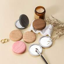 Factory Direct Supply! Imitation Wood Grain PU Portable Makeup Mirror, Double-Sided High-Definition Mirror, Premium Quality - A - View 4