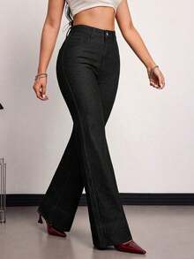 Tall Jeans de tiro alto, de pierna ancha y holgados, con bolsillos, versátiles, para uso casual en verano y primavera, elegantes para bodas y el Día de San Valentín - Negro - Ver 5
